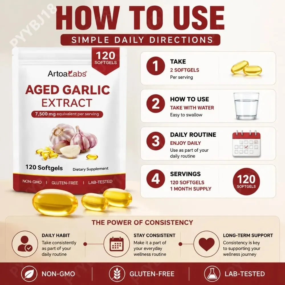 Aged Garlic Extract Softgels 7500mg Equivalent per Serving for Circulation & Heart Function Antioxidant & Immune Support 120Ct