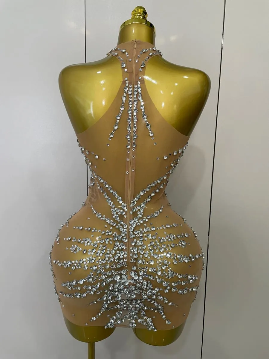 Sparkly Rhinestones Sexy Mesh See Through Dress Party Evening Prom Celebrate Birthday Dress Singer Dancer Show Stage Wear — image 4