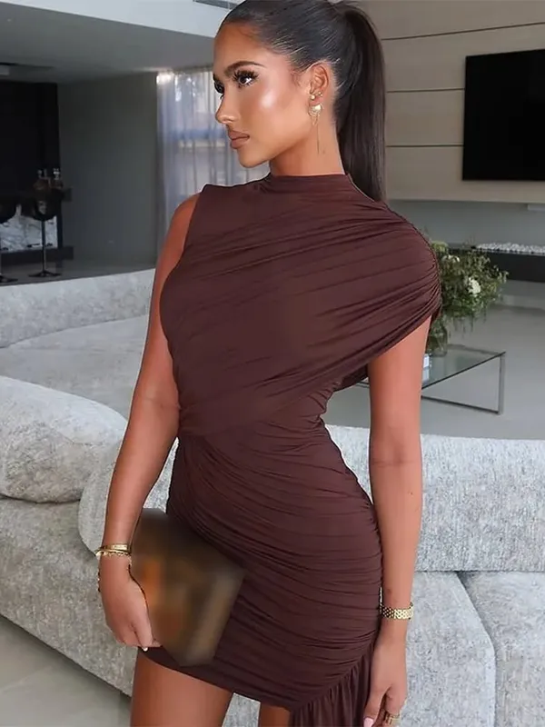 Elegant Women Pleated Irregular Patchwork Maxi Dress Chic Long Sleeve High Neack Dresses 2025 Summer Turtleneck Party Prom Gowns — image 6