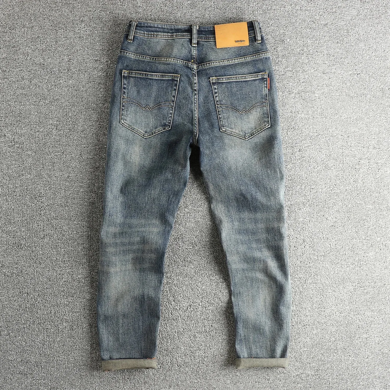 Retro blue wash-fried cat whisker jeans men's high-end custom fabric American fashion brand youth nine-point pants — image 2