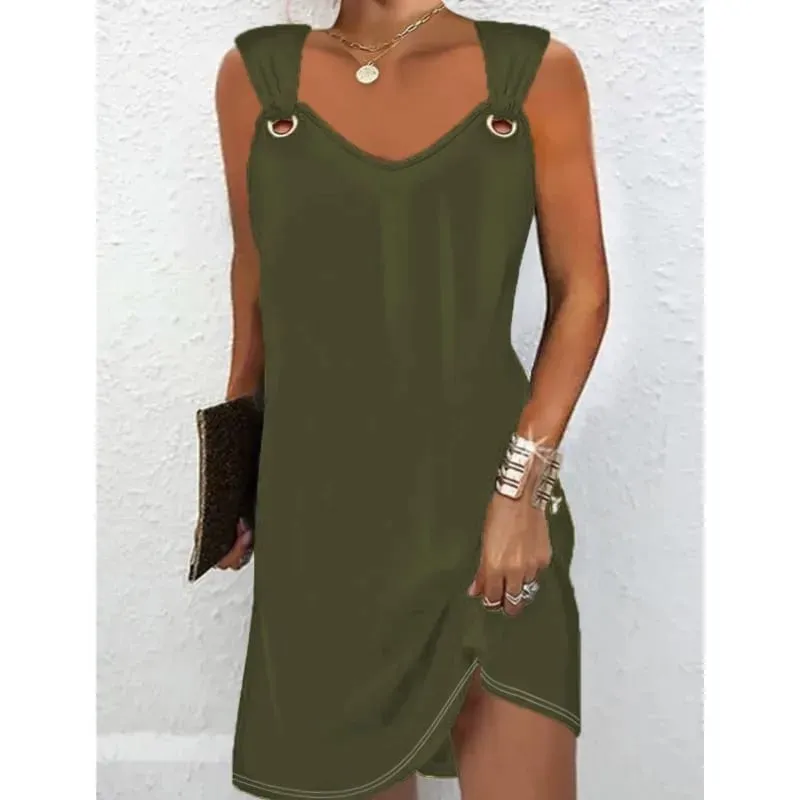 Women Summer Casual Dresses 2025 Elegant Simple Style Solid Color Metal Button V-neck Sleeveless Dress Female Sexy Midi Vestidos — image 2