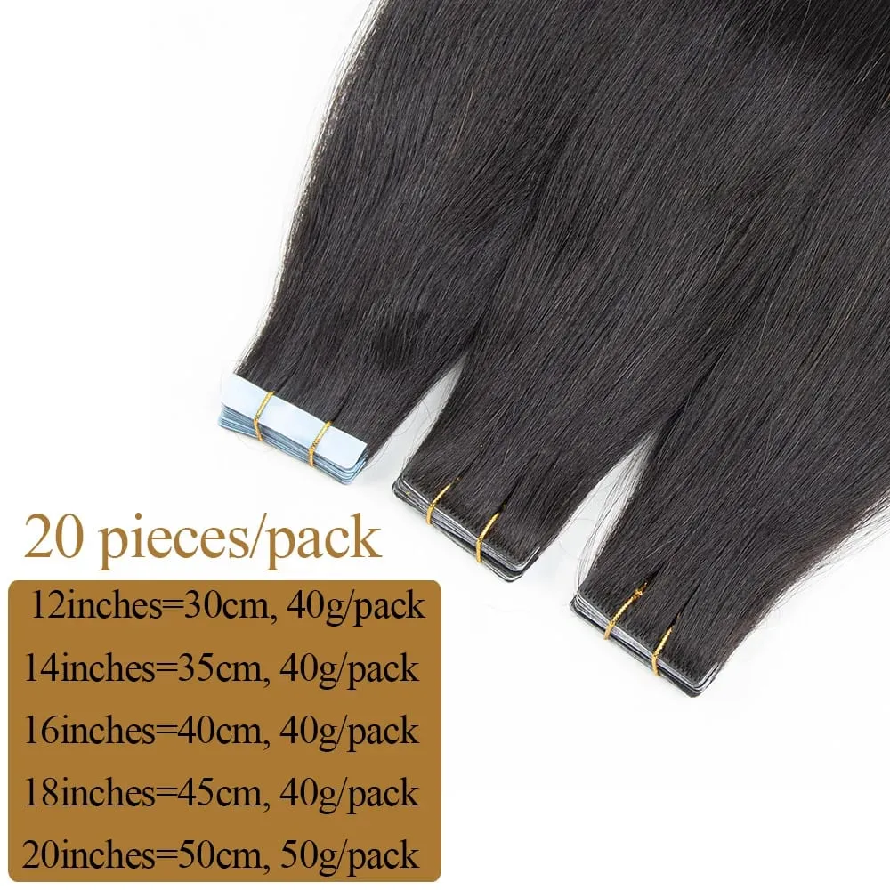 Light Yaki Straight Invisible Tape In Human Hair Extensions 12-20" PU Skin Weft Natural Black 100% Remy Hair Adhesive 20pcs/pack — image 5