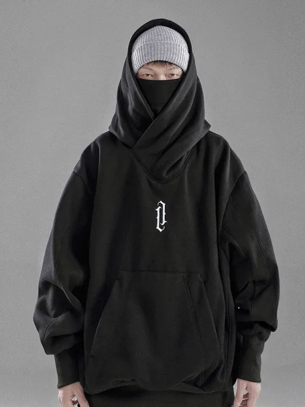 Winter Embroidery Turtleneck Men's Hooded Sweatshirt Japanese Ninja Oversized Hoodies Hip Hop Fleece Pocket Streetwear Y2K Hoody