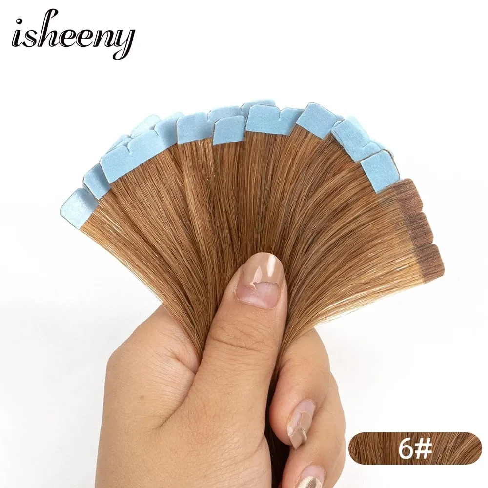 Isheeny 12"-24" Mini Tape Hair Extensions Machine Remy Skin Weft Adhesive Tape In Human Hair Natural Black Brown Blonde 10pcs