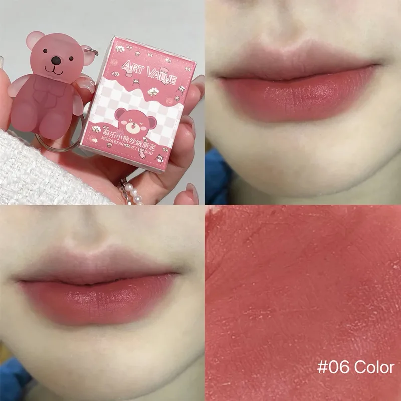 ART VALUE Cute Bear Lip Mud Keychain Matte Nude Red Lip Gloss Non-stick Cup Lipstick Waterproof Long Lasting Lipgloss Cosmetics