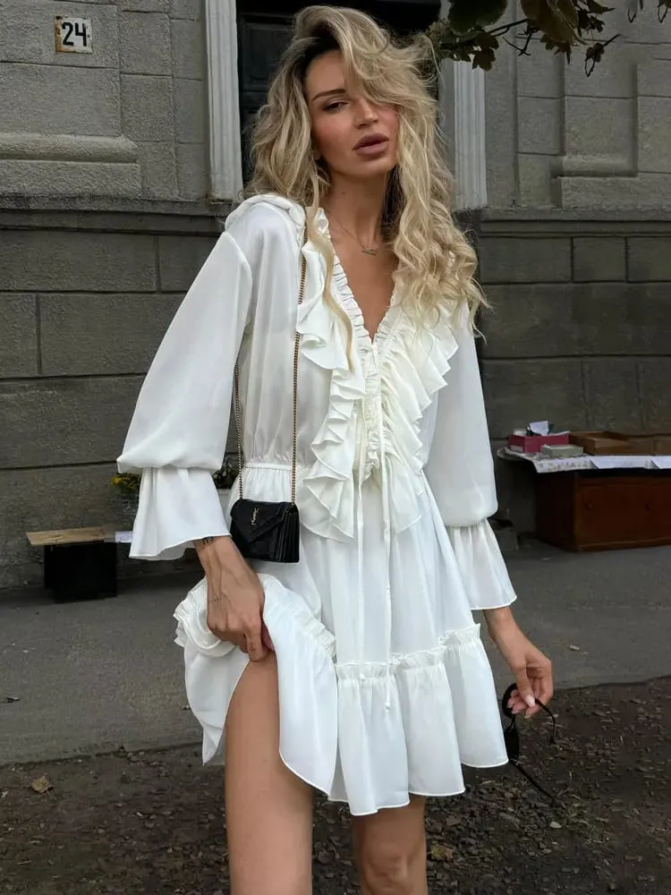 Tossy Ruffled V-Neck White Mini Dress Female Patchwork Long Sleeve Elegant Bandage Fashion Dress High Waist Lace-Up Women Dress — image 2
