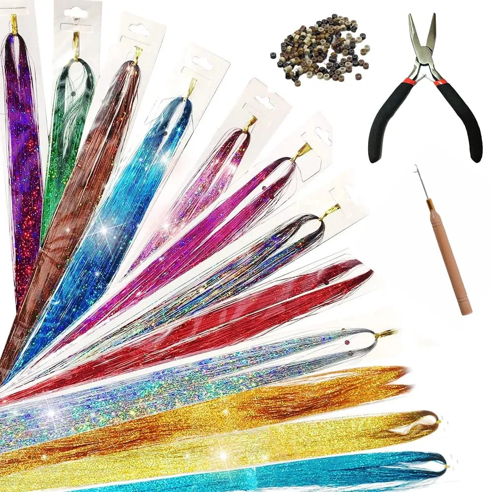 Long Sparkle Shiny Hair Tinsel Rainbow Silk Hair Extensions Dazzles Women Hippie For Braiding Headdress 120Strands/bag — image 3