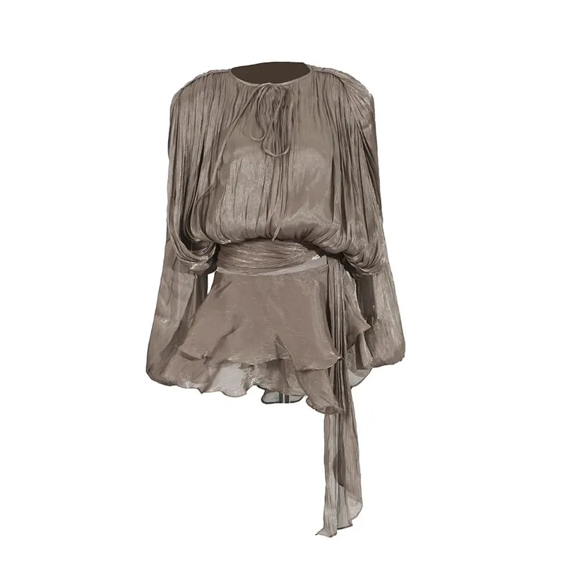 Solid Patchwork Lace Up Blouse Mini Dresses For Women V Neck Long Sleeve Sweet Style Dress Female Clothing Fashion — image 12