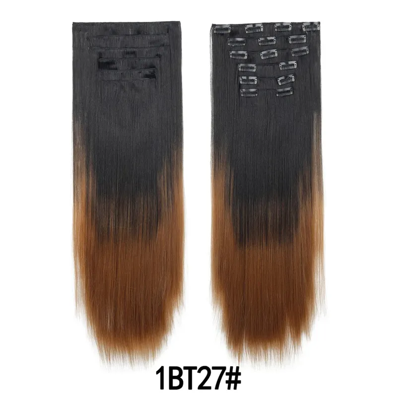 6PCS Set Clip In Hair Extensions 24Inch Long Straight Full Head Synthetic Hair Ombre Gradient Color Daily Use for Women Ladies