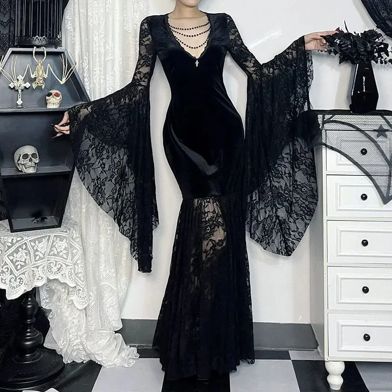 Halloween Costume Women Batwing Sleeve Floor Dress Black Gothic Evil Terror Maxi Mistress Morticia Addam Family Outfit For Adult — image 7