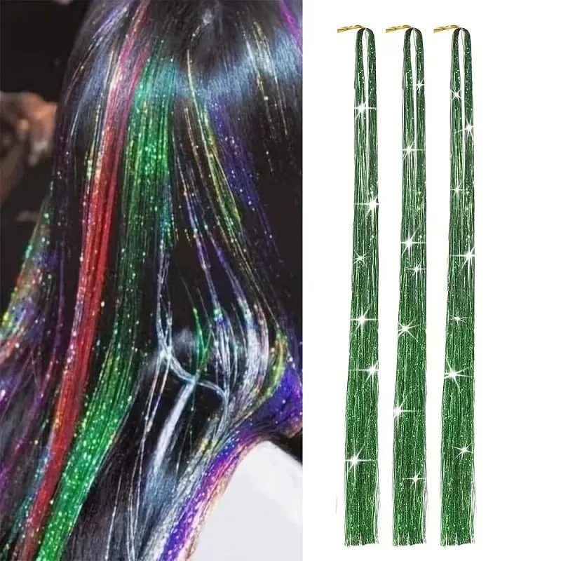 Extensions capillaires synthétiques brillantes de couleur arc-en-ciel, 90cm, 3 pièces/ensemble, guirlandes Laser longues et lisses, résistantes à la chaleur, Extensions de cheveux féeriques, fête quotidienne