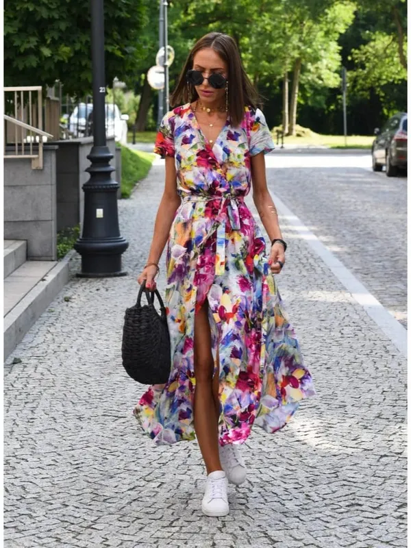 Printed Dress 2025 Summer V-neck Split Fork Medium and Long Group European and American Cross-border Women's Clothing