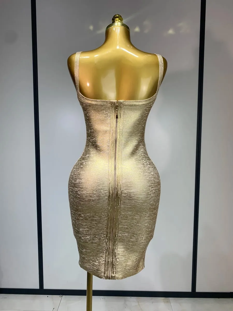 Hoge kwaliteit celebrity elegante gouden bodycon bandage jurk vrouwen sexy nachtclub avondfeest luxe verjaardag jurk vestidos — image 4