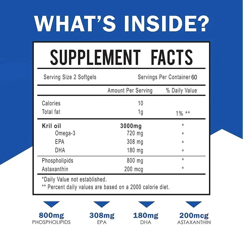 Antarctic Krill Oil 3000mg - Omega-3 EPA DHA Natural Astaxanthin Maximum Strength for Heart & Joint Health