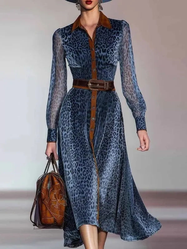 Dámské elegantní šaty Síťované šaty s leopardím potiskem Colorblock Klopový límec Jednořadové Vintage elegantní šaty s dlouhým rukávem