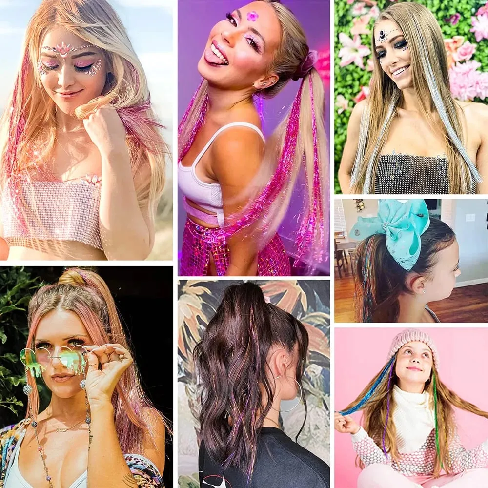 Long Sparkle Shiny Hair Tinsel Rainbow Silk Hair Extensions Dazzles Women Hippie For Braiding Headdress 120Strands/bag — image 5