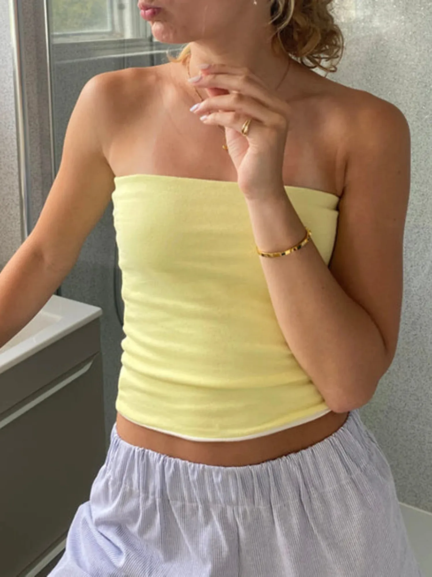 Women Y2K Strapless Tube Tops Sexy Off Shoulder Backless Striped Bandeau Going Out Sleeveless Crop Tank Tops