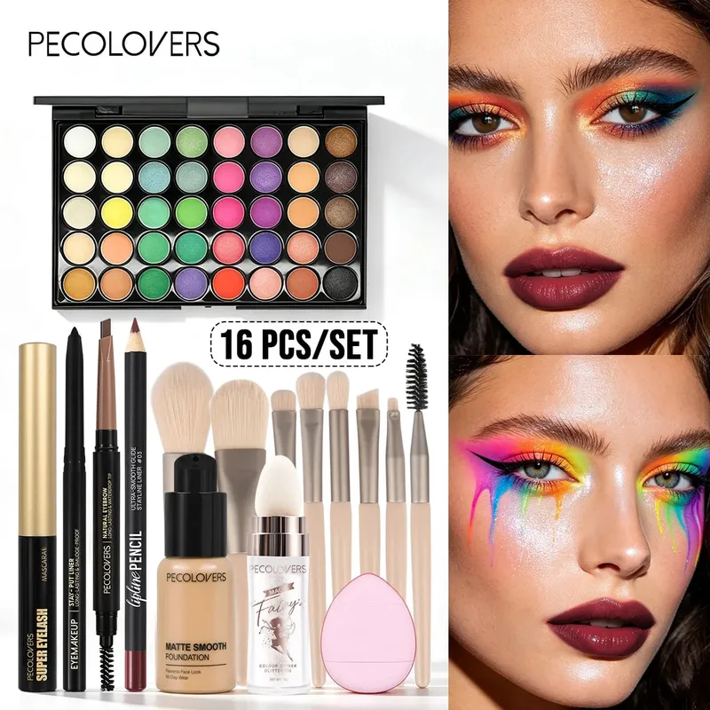 16PCS/SET Bright Multicolor Eyeshadow Long Lasting Foundation Primer Eye Lip Makeup and Soft Makeup Brushes for Party Looks