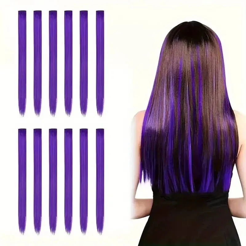 12 Pcs Colored Hair Extensions: Straight Hairpiece Multi-Color Party Highlights Clip-in Synthetic Hair Extensions for Women — image 2