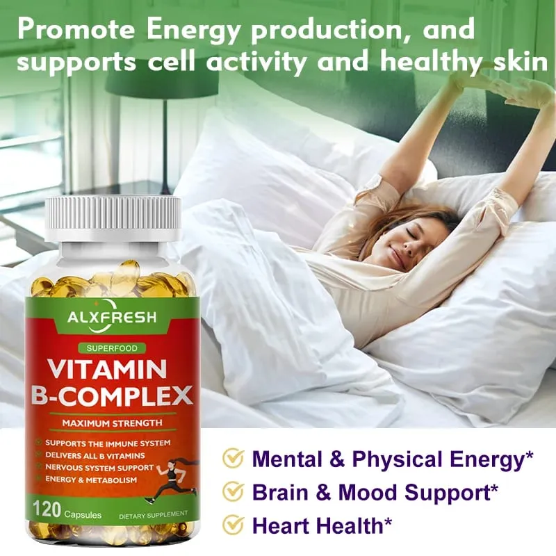 B-Complex Vitamin Supplements (B12 B1 B2 B3 B5 B6 B9 Folic Acid &Biotin) for Relieve Stress Mood Immune System Support Capsule