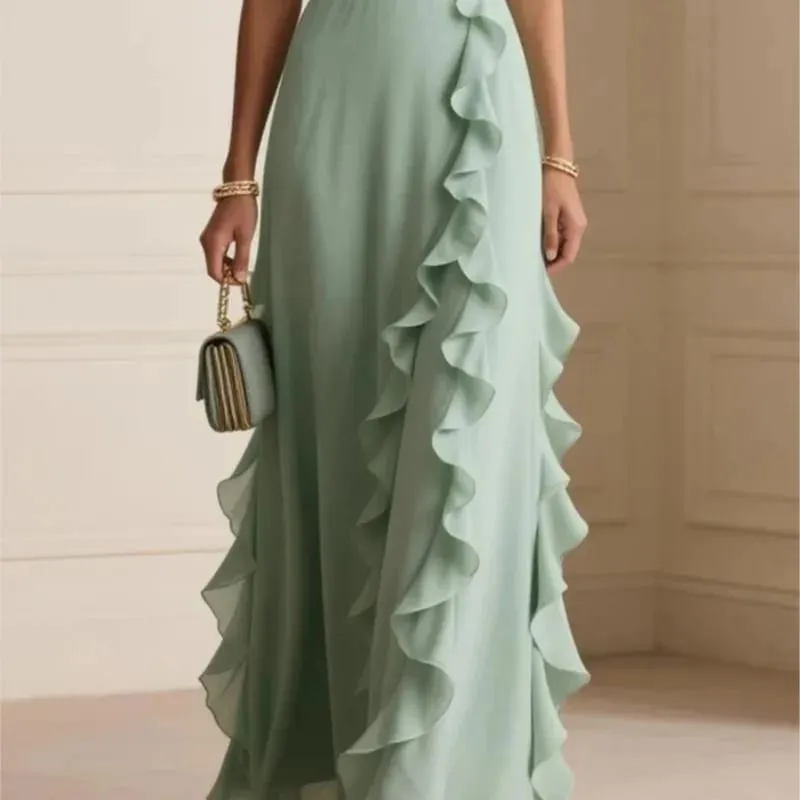 Women's Elegant Solid Color Ruffle Sleeveless Sexy V-Neck Long Dress Fashionable Bohemian Women's Party Evening Maxi Dresses — image 4