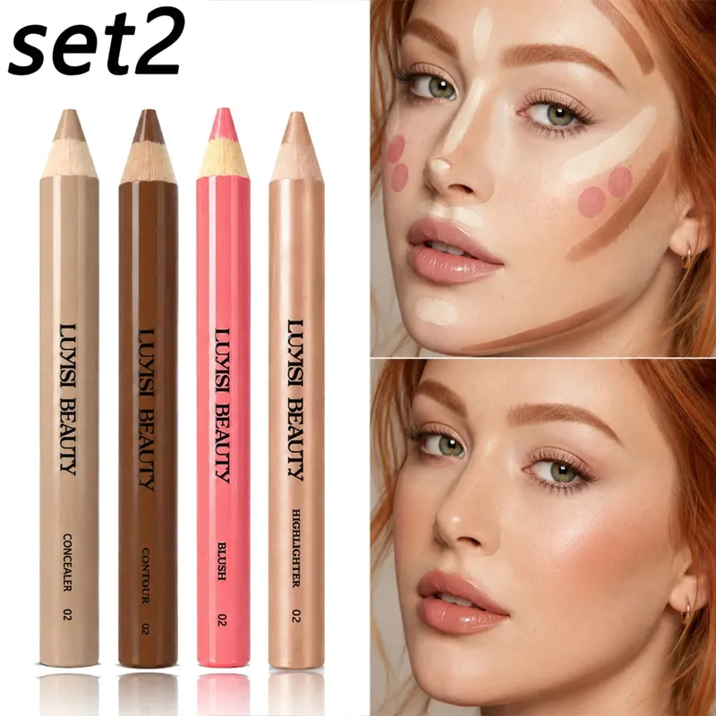 4pcs/Set Face Makeup Pens Concealer+Contour+Blush+Highlighter Waterproof Buildable Coverage Velvet Matte&Pearl Glow-Nourishing.