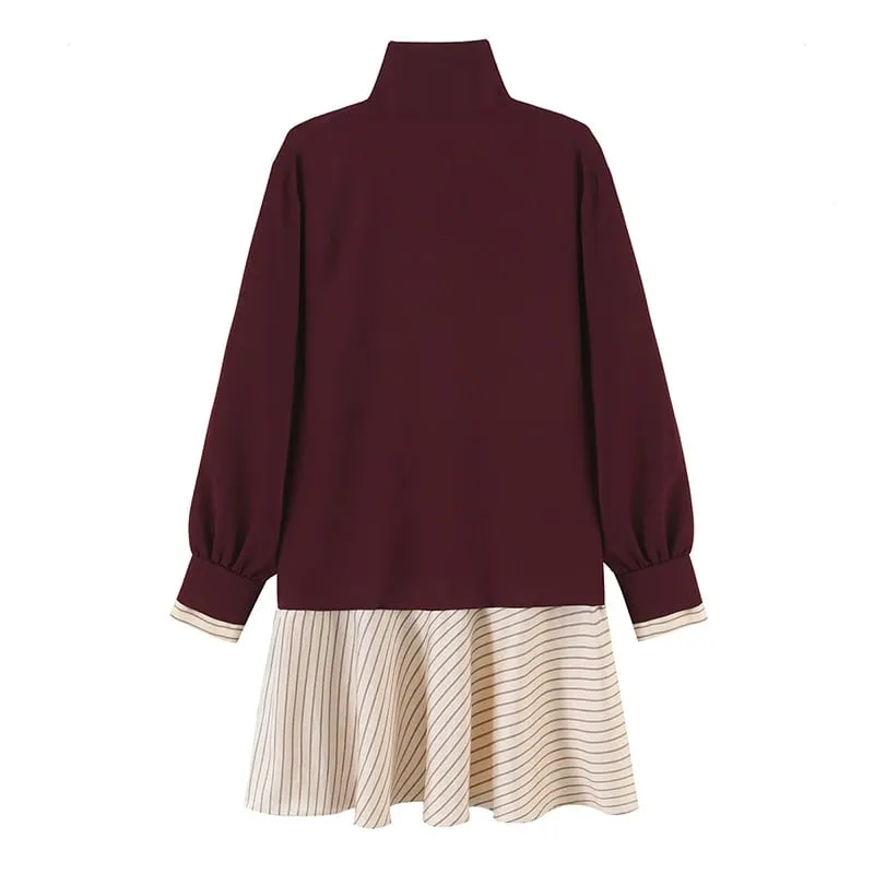 Ladies Lapel Collar Half Zipper Autumn Dress Color Block Striped Patchwork Long Sleeve Pocket Casual A‑Line Short Dresses — image 2