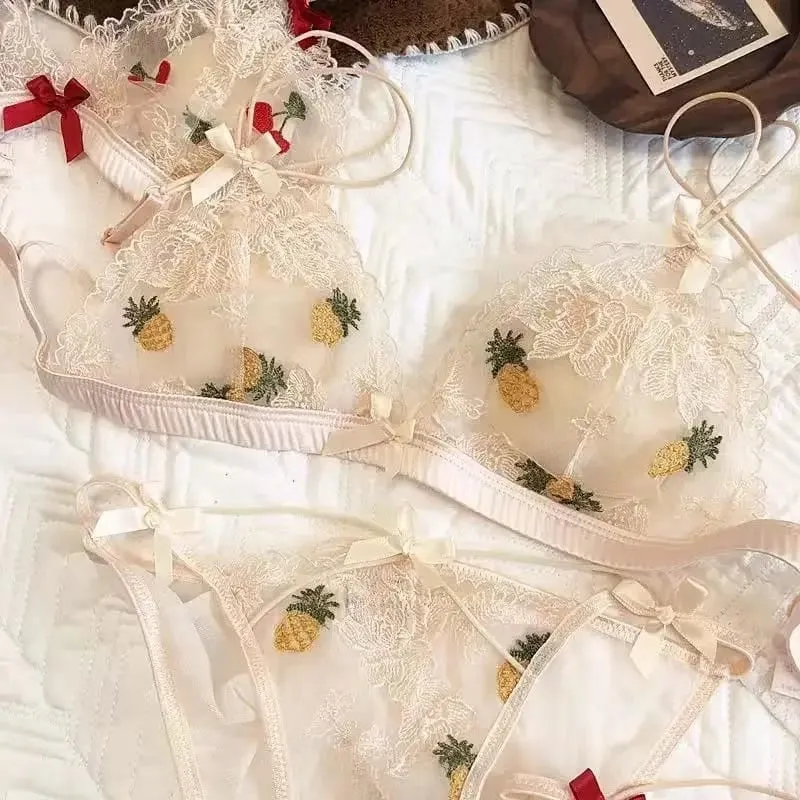 French Sexy Lace Embroidery Lingerie No Underwire Bra Set Cute Bow
