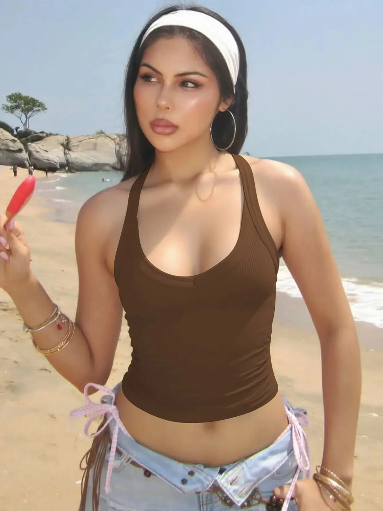 Hugcitar 2026 Summer Ribbed Halter Backless Solid Sexy Crop Tank Top Casual Y2K Women Clothes Beach Vacation Streetwear Yoga — image 11