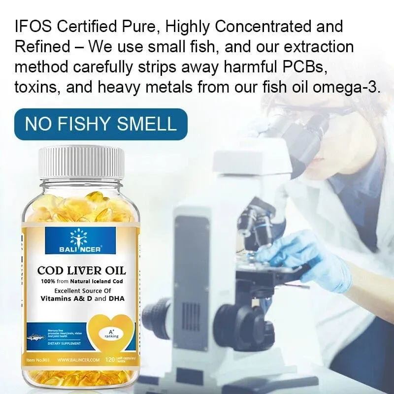 Natural Cod Liver Oil Softgels - Rich in Omega-3 EPA DHA Vitamin A D - Supports Heart Brain Immune Joint and Eye Health