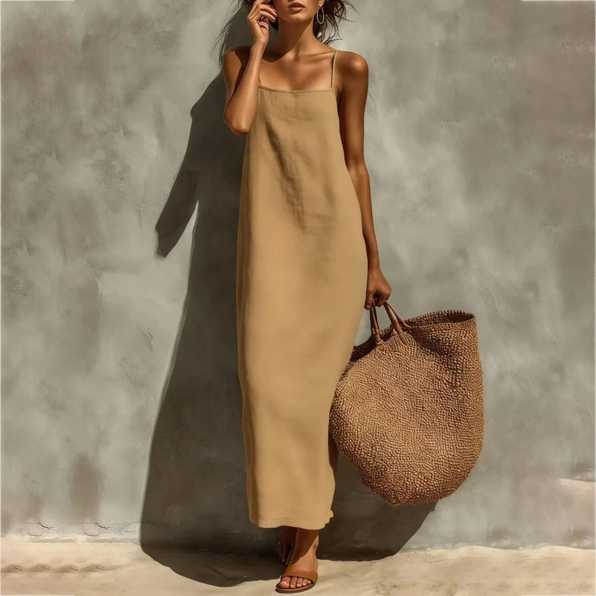 Yaz Kadın Düz Renk Rahat Rahat Kayma Sundress Kum Beachwear Backless Kolsuz Gevşek Maxi Uzun Tatil Elbiseleri — image 5