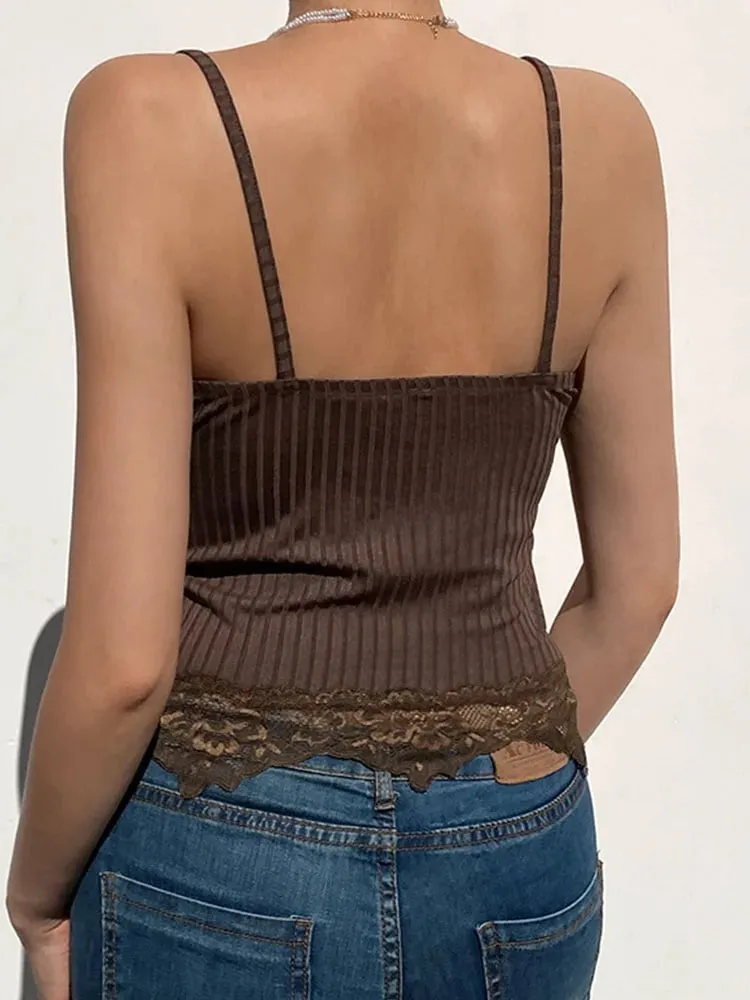 Goth Aesthetic Lace Patchwork Tank Tops For Women Sexy V-Neck Brown Retro Crop Tops Summer y2k Fashion Casual Camisole — image 6