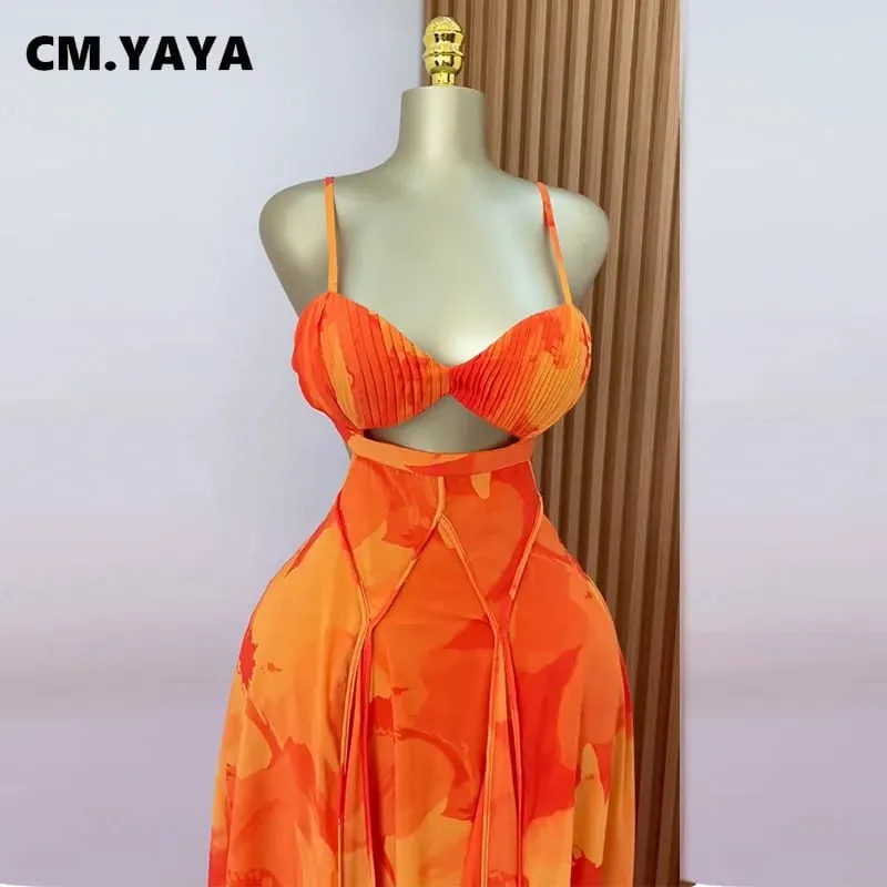 CM.YAYA Women Floral Printed Strap Backless Bra Front Big Swing Maxi Long Dress 2025 Vintage Sexy Club Party Evening Dresses — image 3