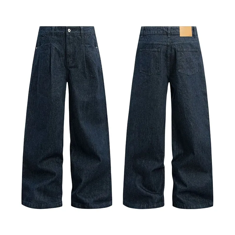 American Style Wide Leg Men's Jeans Trendy Loose Floor Silhouette Straight Denim Pants Solid Color Male Trousers 9W2260