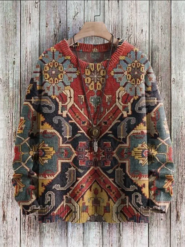 Vintage Pattern Print Knit Pullover Sweater Pambabae Para sa Lalaki Sweater — image 7