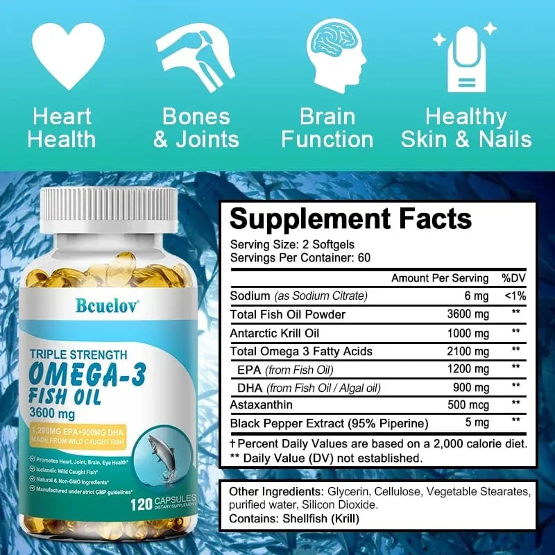 Bcuelov Omega-3 Fish Oil Dietary Supplement - Includes EPA & DHA - 3600 Mg Per Serving for Heart Joint Brain Eye Health — image 6