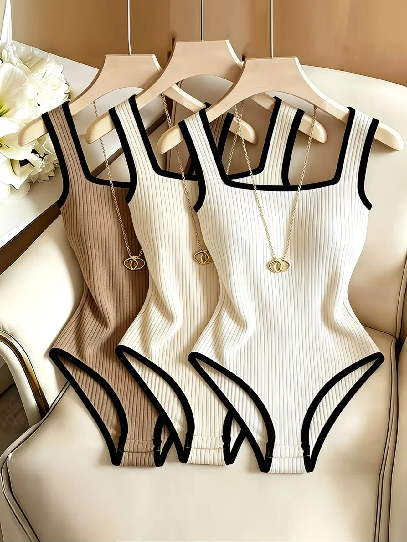 3pcs Women's Ribbed Bodysuit Set Fashionable Black Piped Square Neck Waist-Cinching Style Summer Nightlife Wear Elegant Beach Ou — image 2
