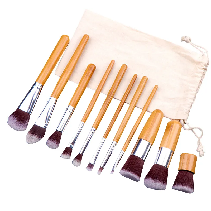 11 Pcs/Set Natural Bamboo Handle Makeup Brushes Set Professional Foundation Blending Brush Cosmetic Make Up Tool With Cotton Bag — image 3