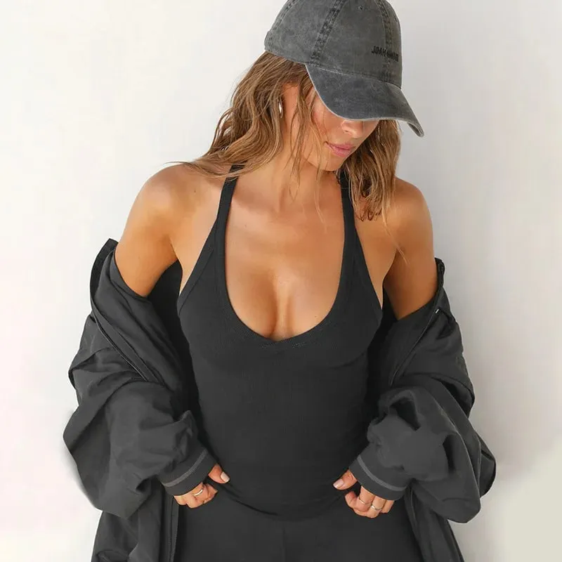 Women's Ribbed Halter Tank Top Deep V Neck Sleeveless Slim Fit Basic Cami Top for Daily Streetwear