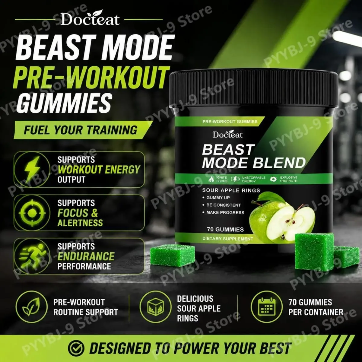 Docteat Beast Mode Blend Pre-Workout-Gummis, Energiefokus und Ausdauerunterstützung für Krafttraining und aktive Tage im Fitnessstudio, 70 Stück — image 2