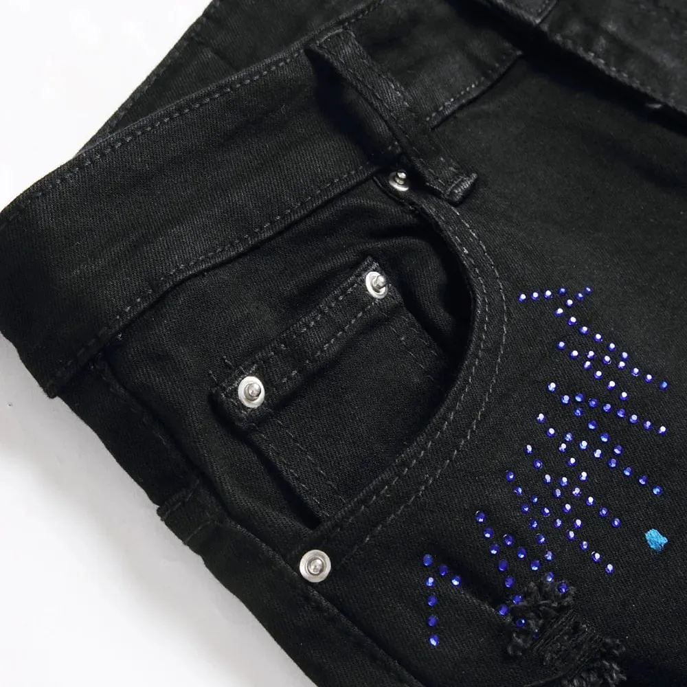 Men Crystal Cross Stretch Denim Jeans Holes Ripped Distressed Black Pants Embroidery Slim Tapered Trousers