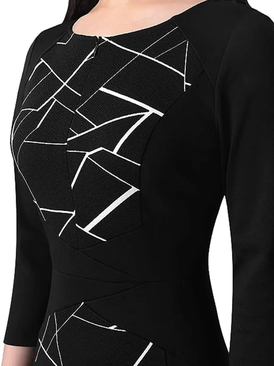 Women Elegant Business V Notch Neck 3/4 Sleeve Autumn Office Work Knee Length Bodycon Dress Geometric Print Patchwork Slim Fit — image 4