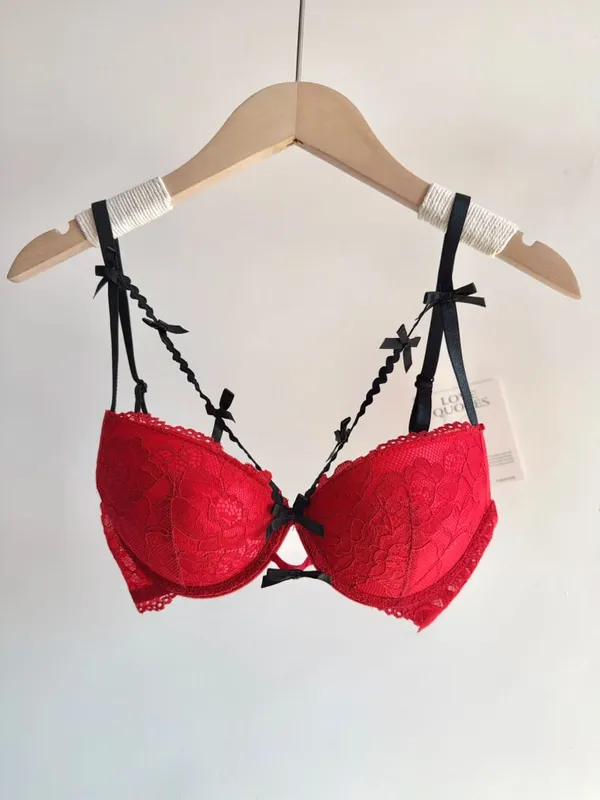 セクシーな Women Red Lace Bridal Lingerie Set Bowknot Push Up Bra Panty Small Bust Pure Style Wedding Party Intimate Underwear 32-38 — image 8
