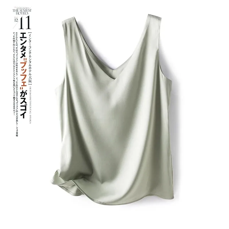 Ladies Silk Suspenders Solid Satin Vest Spring Autumn 2022 New Wild Pullover Tops Women Interior Front/Rear V-Neck Summer Thin — image 15