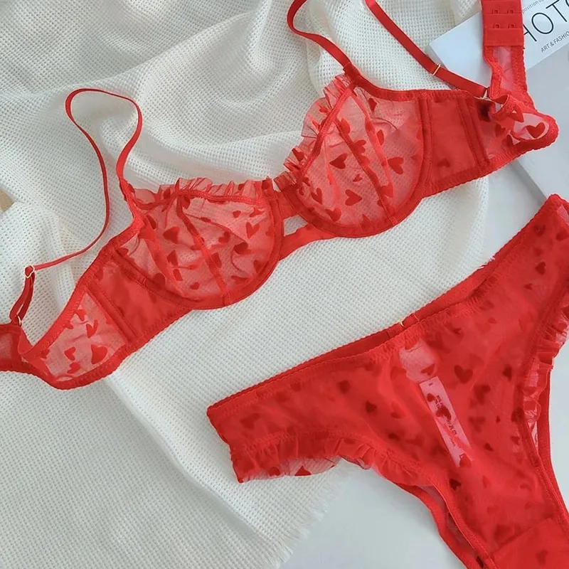 2 Pieces Lingerie Set Sexy Ultra Thin Breathable Brassiere for Women Push Up Bra Set Summer Mesh Romantic Peach Heart Intimates — image 9