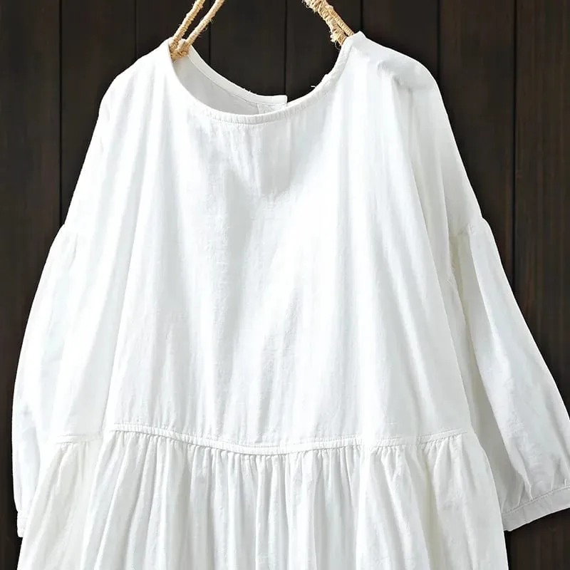Johnature Women Vintage Cotton Dresses O-Neck Half Sleeve Soft Solid Color Robes 2025 Summer New Casual A-Line Female Dress — image 7