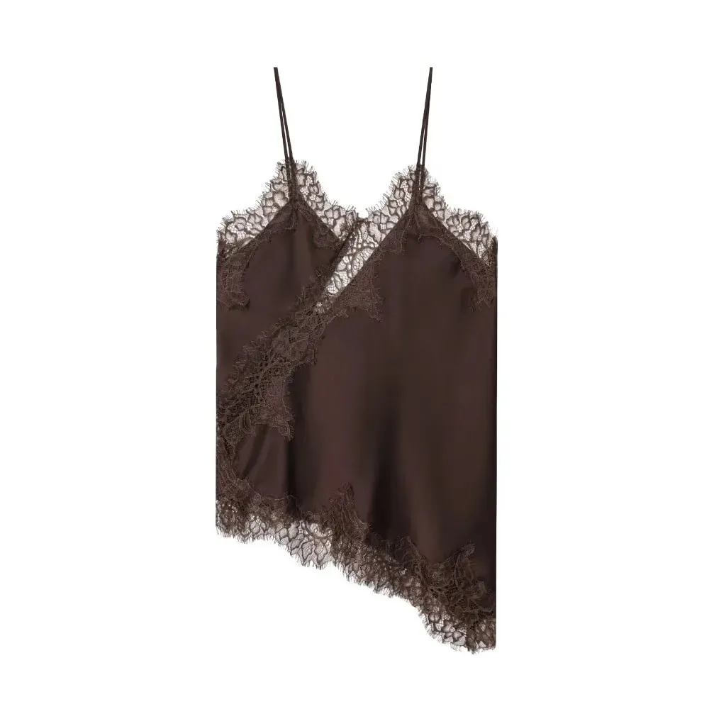 Elegantní asymetrický krajkový patchworkový top bez rukávů košilka bez zad s výstřihem do V sexy krajka dámské tílko letní oblečení — image 10