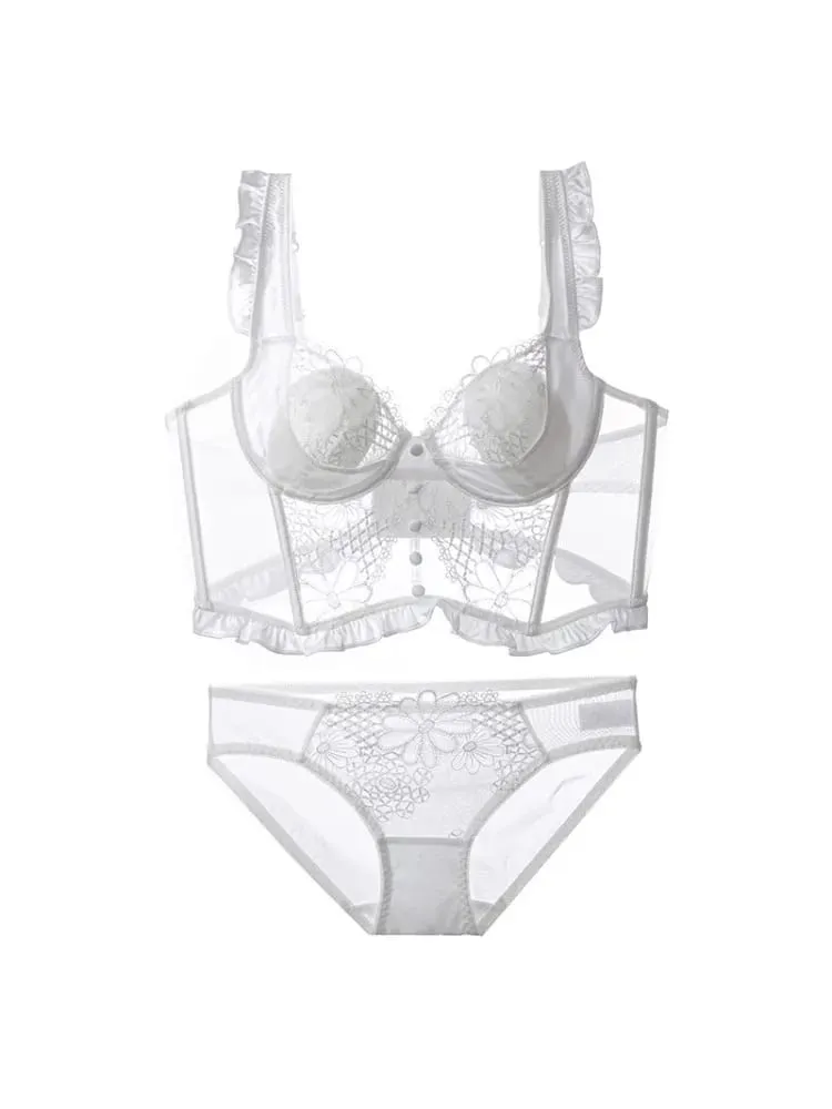 French Fishbone Lace Minimizer Bra Soft Underwire Open Back Lingerie Set for Women Sexy & Pure Push Up Bralette Anti-Sag — image 6