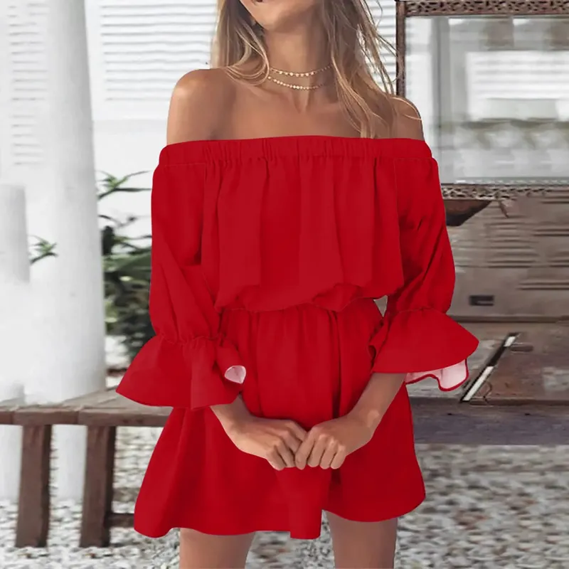 Sexy Off Shoulder Tunic Dress Women Solid Color Flare Sleeve Elastic Waisted Short Dresses Streetwear Midi Dress Ropa De Mujer