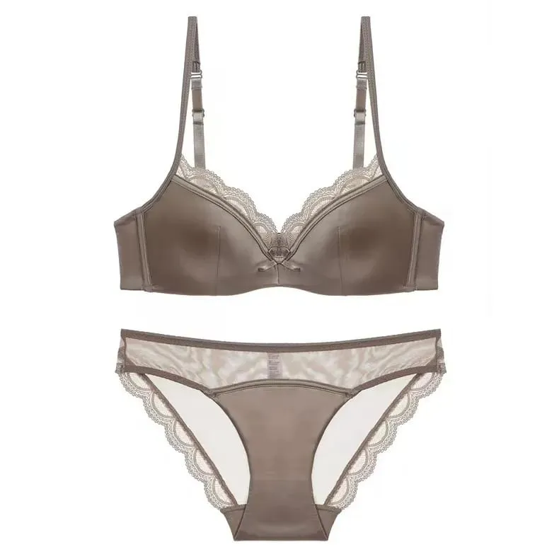 French Luxury Silk Bra for Small Bust Women Adjustable Slimming Bralette & Panty Set Comfort Sexy Sheer Lingerie set bra — image 12